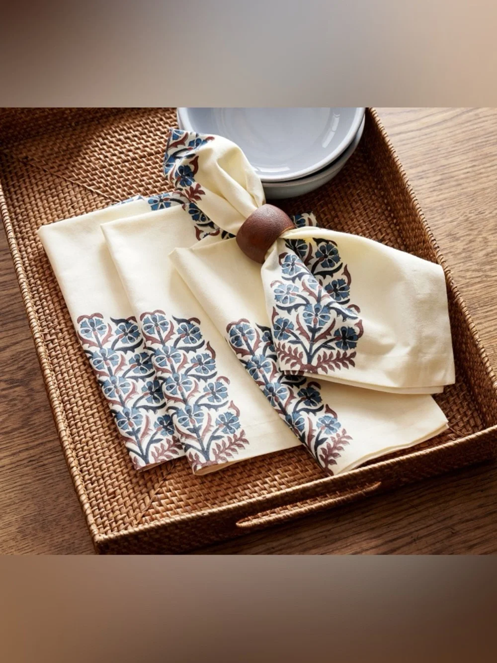 8 Pottery Barn Rita Block Print 100% Organic Cotton Napkins Blue 2 Sets of 4 NWT